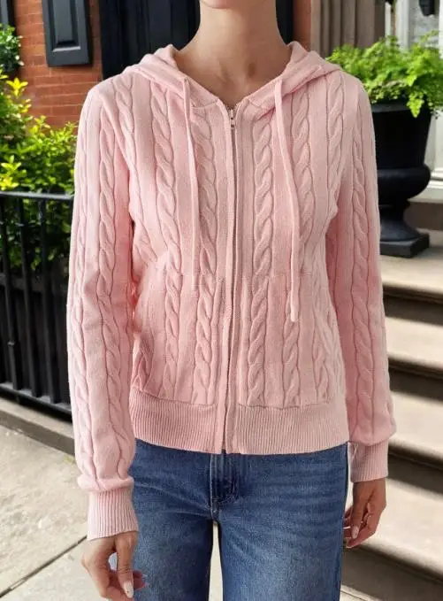 Damestrui 2025, lente herfst, nieuw effen kleur, zakontwerp, lange mouw, casual slanke trui met capuchon en ritssluiting