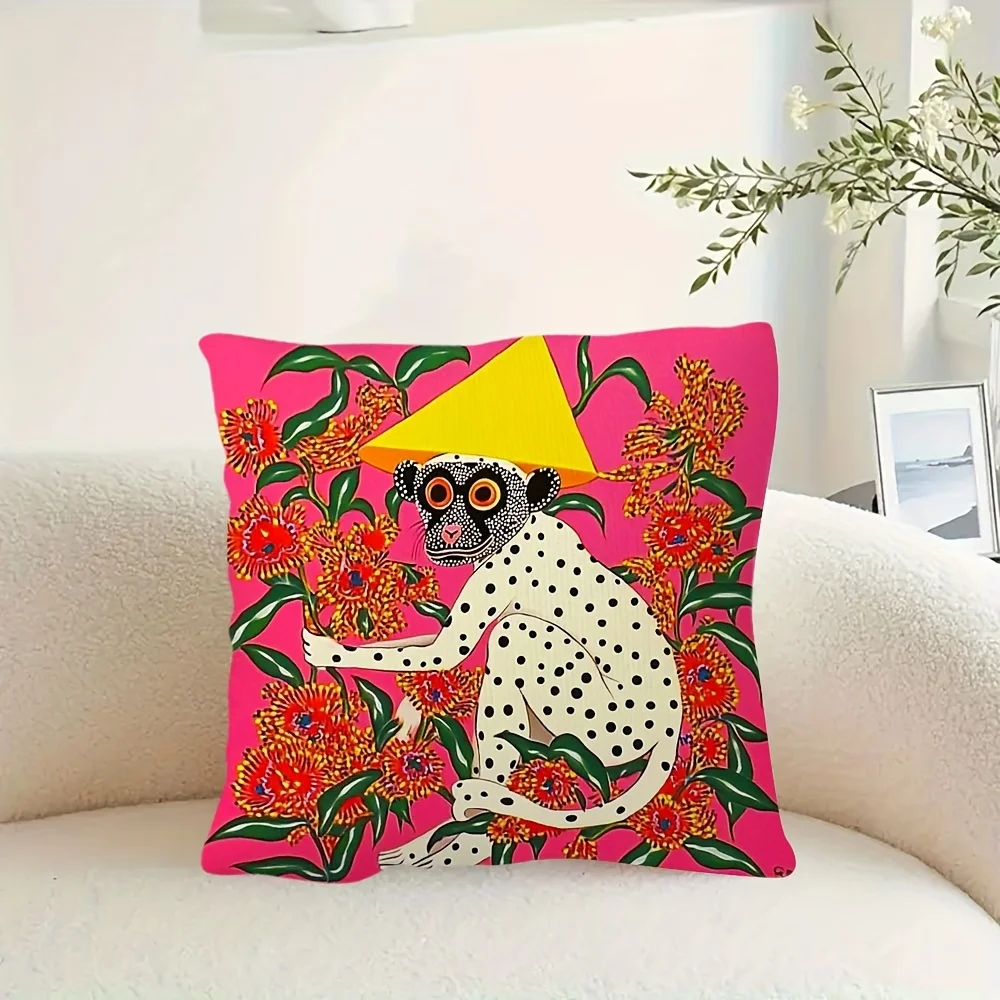 1pc Colorful Leopard Monkey Print Pillow Cover, Polyester 2D Double-Sided Design, Fun Tropical Animal & Floral Pattern Cushion C