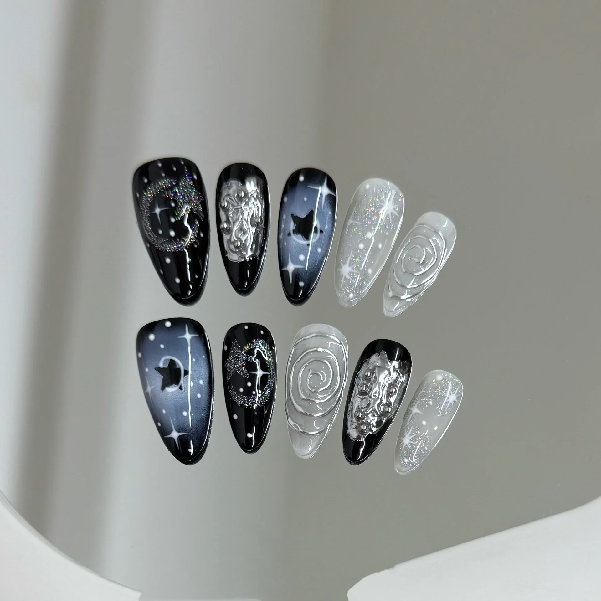 10 pezzi fatti a mano stampa sulle unghie lingua stella scura filettato colorato unghie finte per donne e ragazze lampeggiante staccabile indossabile chiodo