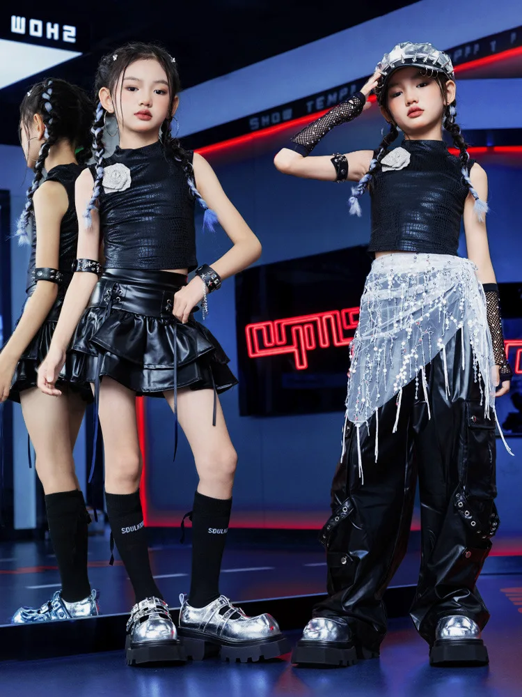 Mädchen Hip Hop Silber Crop Top Glänzende Leder Hosen Kind Kpop Streetwear Goth Rock Kind Jazz Mädchen Gruppe Street Dance Kleidung Set