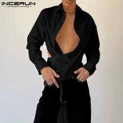 INCERUN Men Fashionable Shirts Turn Down Collar Long Sleeve Button Down Backless Tops Back Hollow Out Lace Up Bow Knot Blouse