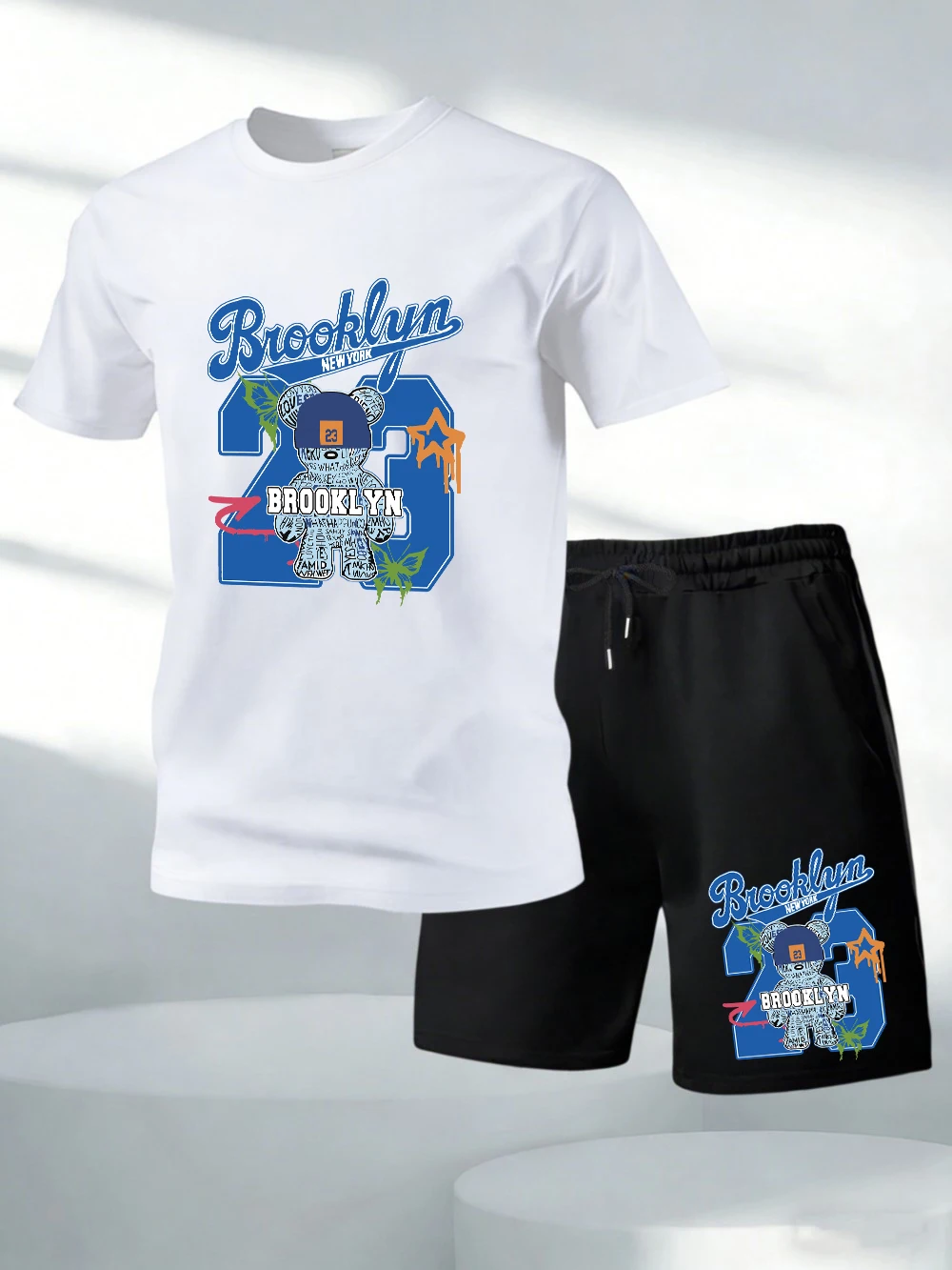 

Two Pieces Set Brooklyn Bear 23 Jersey Prints Cotton T-Shirts Pants Mens Oversized Soft O-Neck Tops High Waisted Pocket Shorts