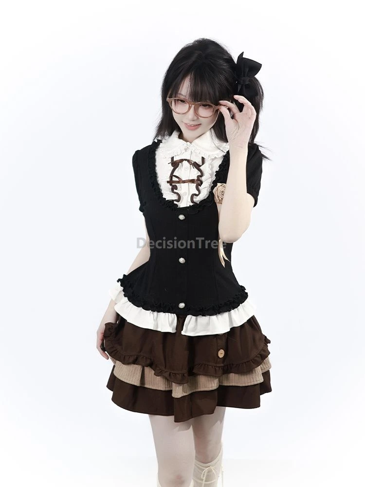 Japanese style fake two-piece short-sleeve top patchwork cake skirt 2 piece set Fashion Jk Uniform Set daily high school uniform