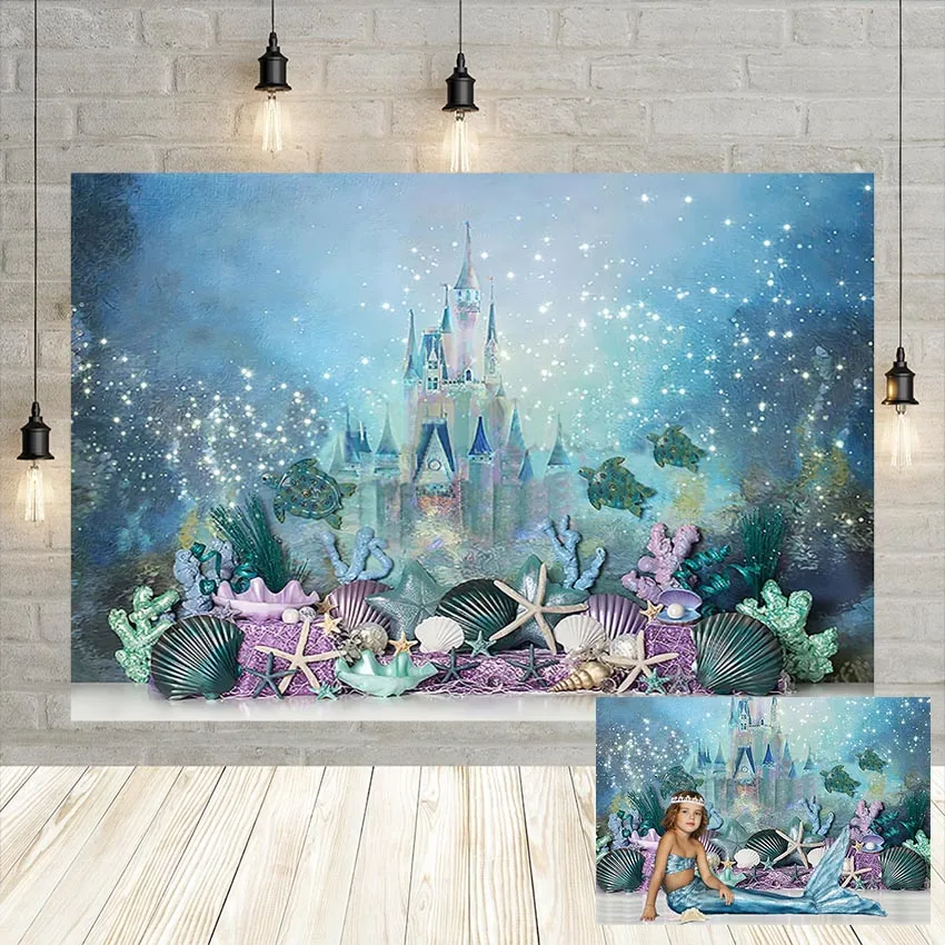 Mermaid Princess Photocall Photography Background Girl 1st Birthday Decor Glitters Mermaid Tail Balloon Backdrop Photo Studio