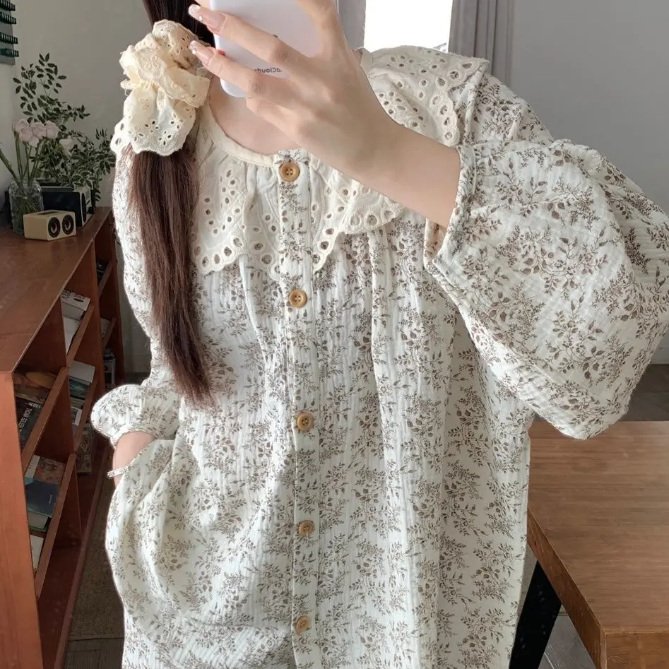 الجولة الرقبة الأزهار بيجامة مجموعات المرأة ربيع الخريف جديد طويل الأكمام بنطلون ملابس المنزل 2 قطعة مجموعة سيدة Kawaii الملابس Pj دعوى