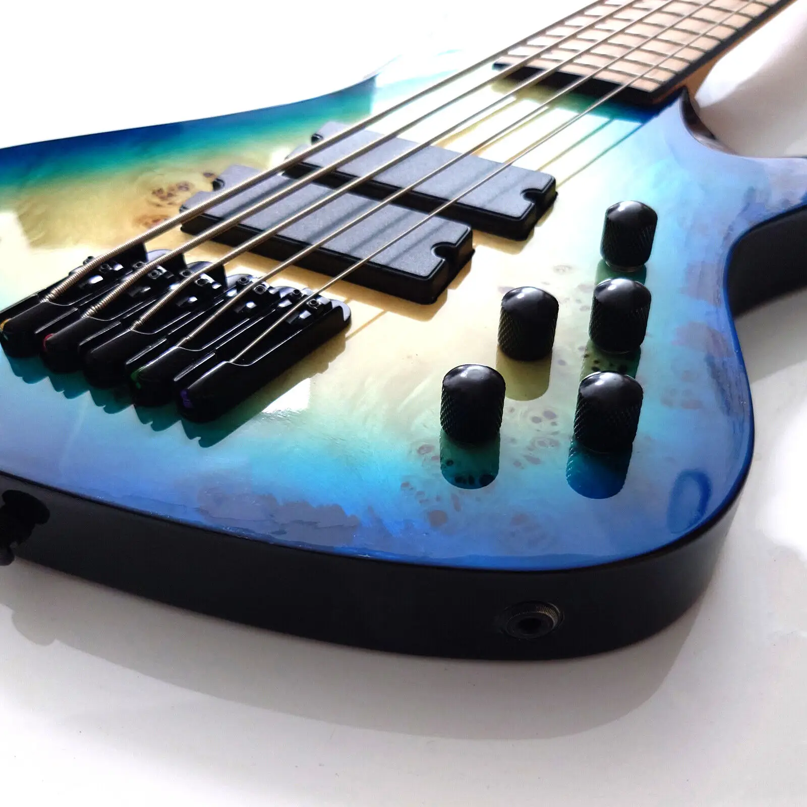 Fanned Fret 5 string Electric Bass Guitar Blue Burl Burst Quilt Maple Top Roasted Maple Neck