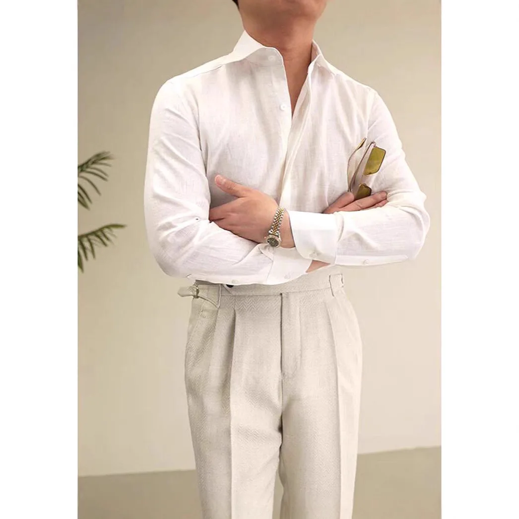 Old Money Wind Wrinkled Cloth Shirt Men's 2026 Summer Gentleman Slim-fitting Long-sleeved British Retro Breathable Shirt