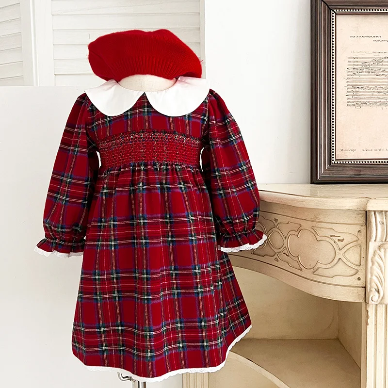 Christmas Girls Plaid Red Dress Long Sleeve Sisters Outfits Infant Newborn Rompers Kids Collar Princess Clothes Girl Dresses