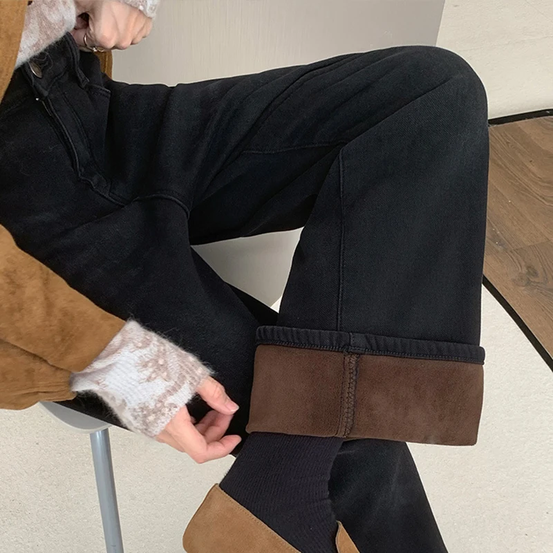 

XXXXL Fashion Plus Size Woman Clothing straight-leg Jeans Winter Simple Warm Fleece Casual High Waist Full Length Pants 2551