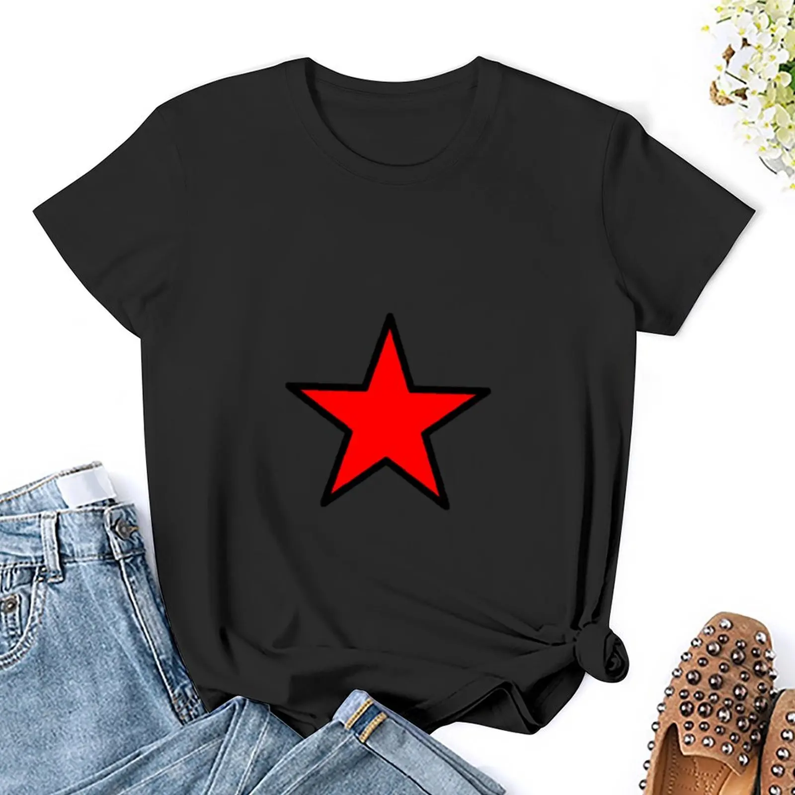 Camiseta de borda preta estrela vermelha feminina, moda coreana, camiseta manga curta, blusas de verão, 2020, 2024