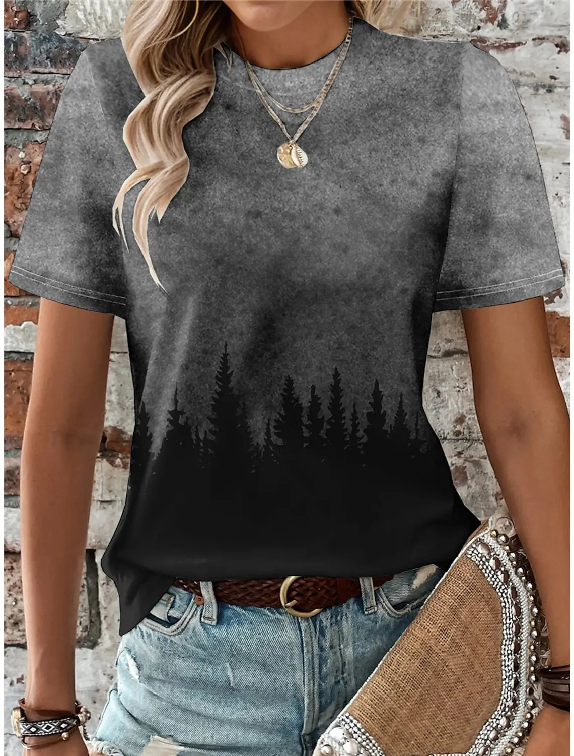 Sommer Frauen T-Shirt 3D-Druck Pflanze Baum T-Shirt lässig Kurzarm Tops Mode O-Ausschnitt T-Shirt für Frauen bunte Farbverlauf