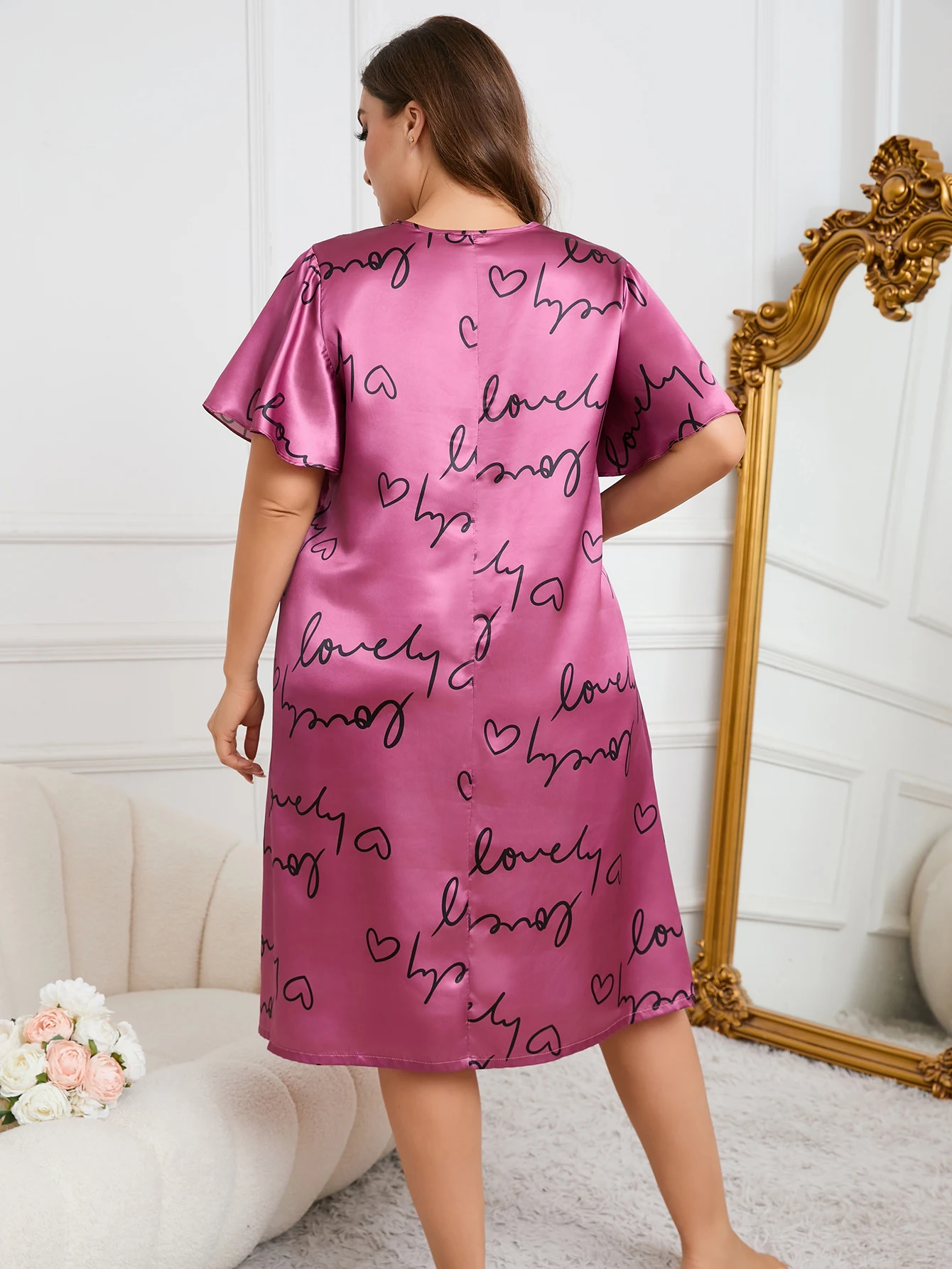 Women's Valentine's Day Sexy Nightdress, Plus Size Heart and Letter Pattern Butterfly Sleeve V-Neck Satin Nightdress