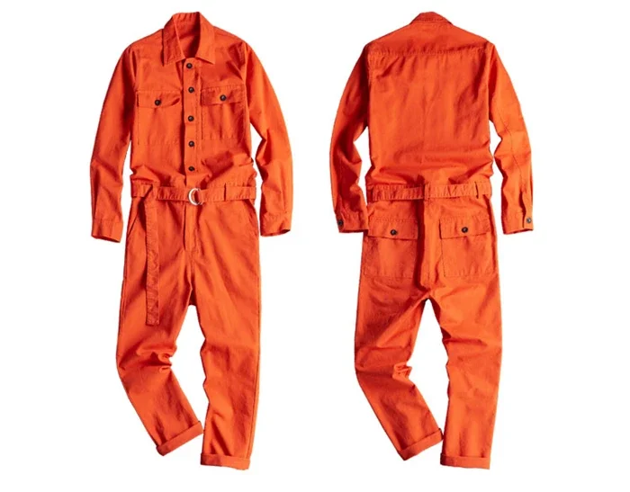 Lapel Long Sleeve Orange Red Men Jumpsuit Hip Hop Casual Loose Multi-Pocket Overalls Comfortable Cargo