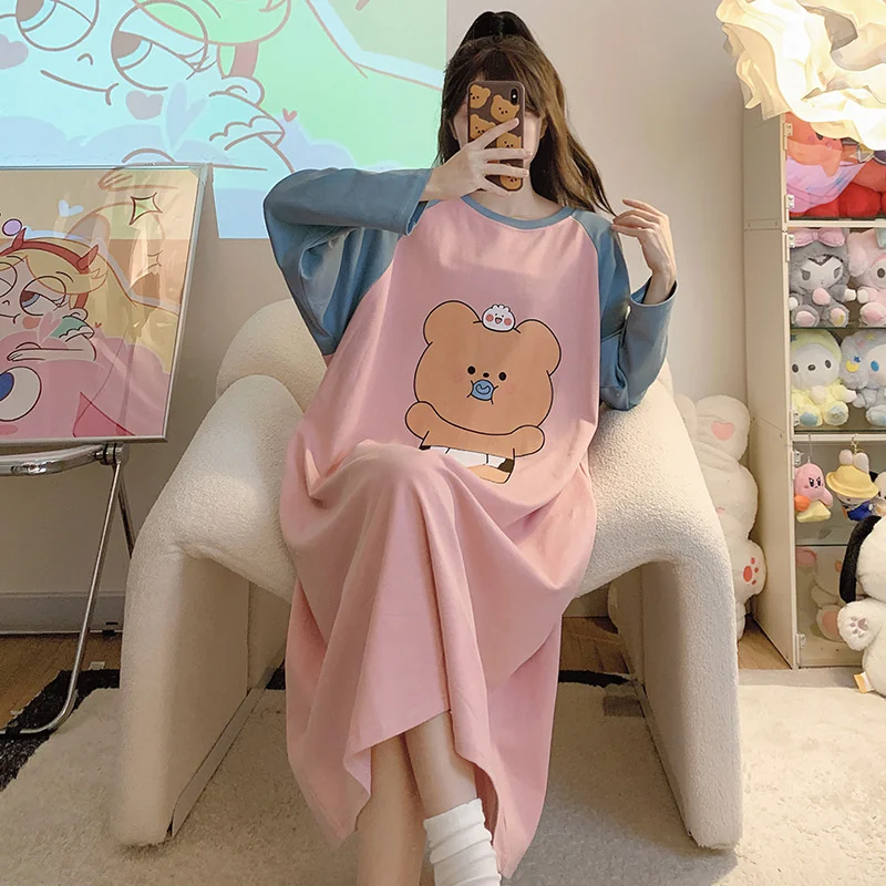 New Spring Summer Cotton Women\'s Pajamas Cute Long-sleeved Nightdress Cartoon Print Dress Home Service