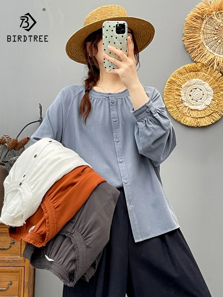 

New 2025 Autumn Cotton Long Sleeve Brushed Shirt, Women Stand Solid, Mori Girl Simplicity Versatile Casual Loose Blouse T59156CC
