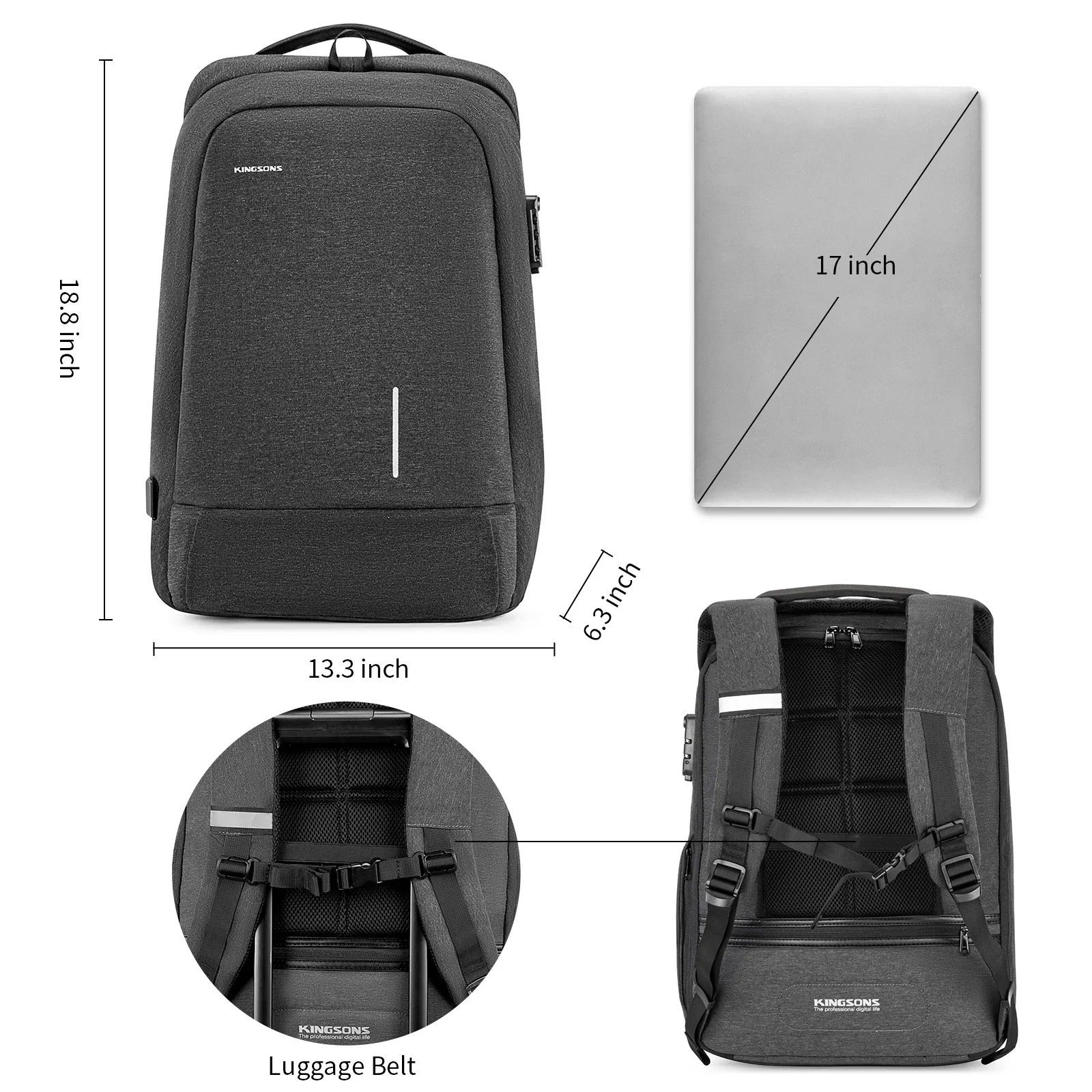 Kingsons Customs Lock Anti-theft Men Women Backpack For Laptop 13.3/15.6/17.3 inch Waterproof With USB Charging Port 180° Open