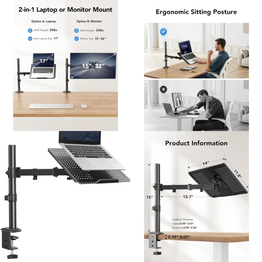 Laptop Desk Mount - 17' to 32' Monitor Arm, Ventilated Tray, Fully Adjustable with Tilt, Swivel Rotation, Holds up to 22 lbs