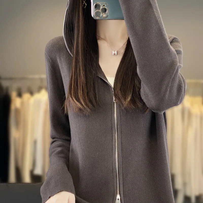 Cardigan à capuche en laine peignée pour femme, petit manteau fouet, design à double fermeture éclair, à la mode, automne et hiver, nouveau