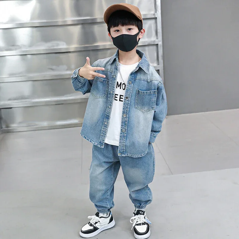 

Fashion Baby Boy Clothes Set Spring 2024 Toddler Jeans Coats and Pants Autumn Children Turn-down Collar Tracksuits 2 To 12 Years