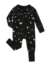 Baby Bamboo Fiber Soft and Breathable Fabric, Moon, Stars, and Astrological Print Long-Sleeve Convertible Footie Romper