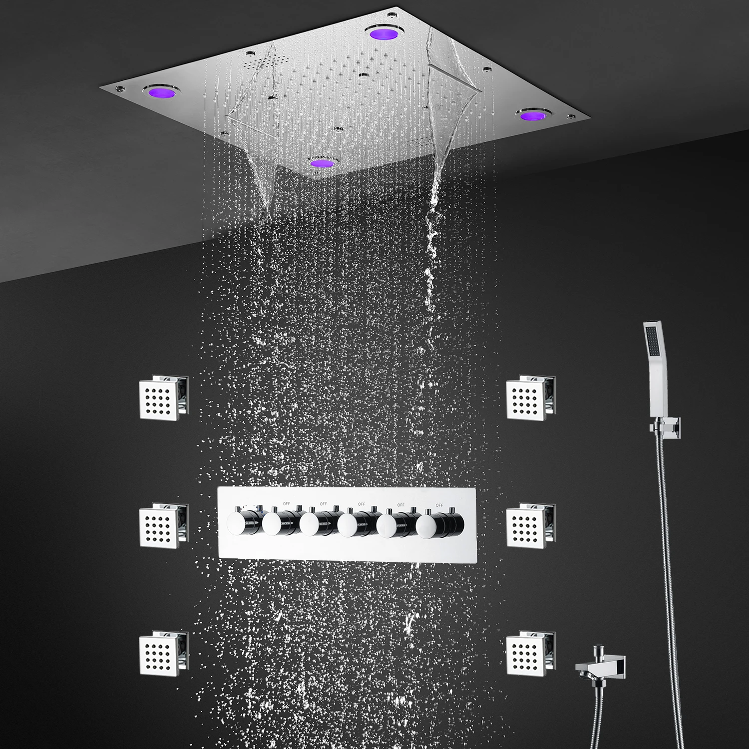 Kepala pancuran musik LED, Pancuran mandi besar suhu konstan katup campur hujan Spary Shower terpasang di dinding jet pijat 60x60cm