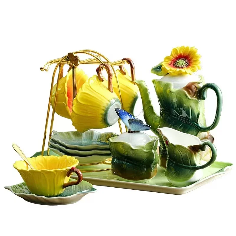 

Elegant Pastoral Style Flower Enamel Cup Coffee Tea Cup And Saucer Sunflower Shape Ceramic Coffee Set For Afternoon