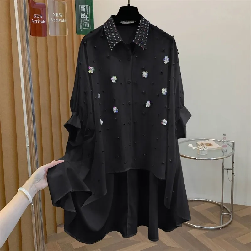 Fashion Niche Design Blouse Summer Oversized Mid Long Shirts Floral Sequins Hand Beaded Crystal Rhinestone Loose All Match Tops