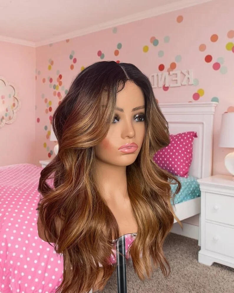 Body Wave Long Soft 28" Ombre Brown 5x5 Silk Base Free Part  Jewish Human Hair Wig With Bangs HD Lace European Hair Preplucked image 3