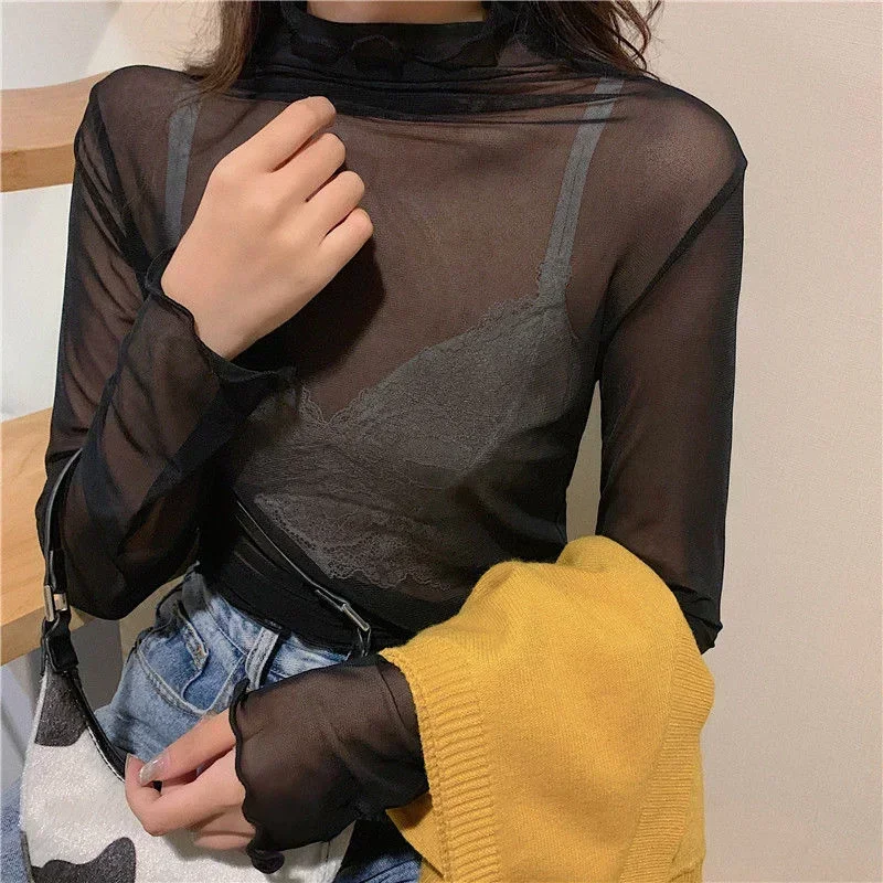 High Neck Sheer Mesh Top Women Clothing Long Sleeve Turtleneck T-shirt Korean Sexy See Through Black White Pink Purple Shirt New