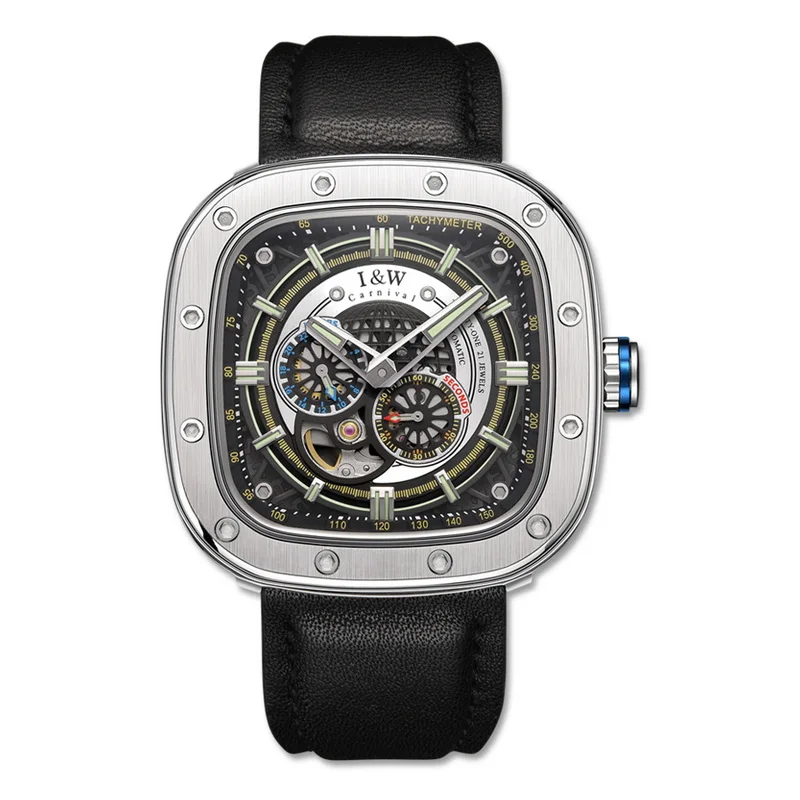 I&W Men Automatic Watch Square 47MM Mechanical Wristwatch Skeleton Waterproof Luminous Sapphire Military Leather Strap