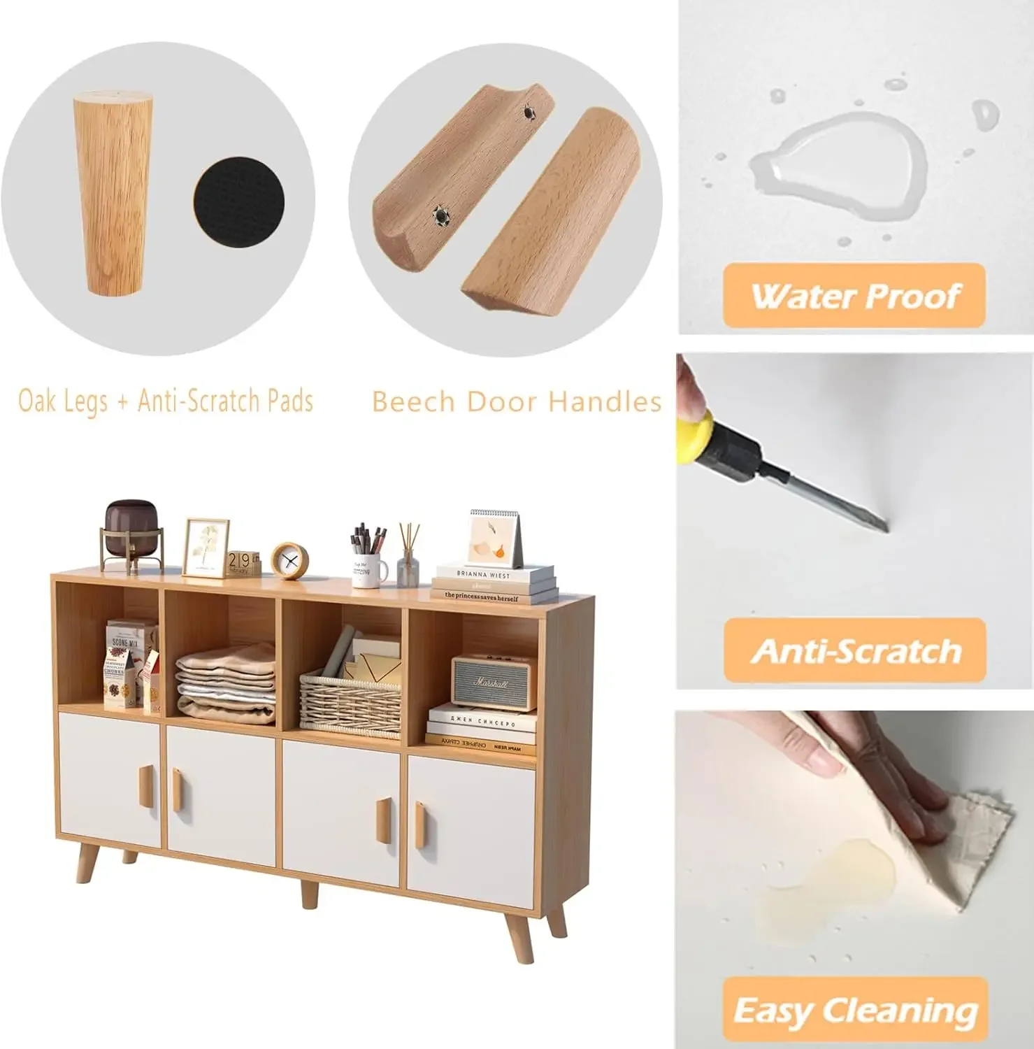 [شحن مجاني! ]خزانة كتب ذات أرفف مكعبات مع أبواب - رف كتب خشبي مفتوح قائم بـ 8 أرضية مع أرجل خشبية صلبة