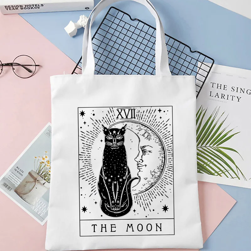 Women Shopper bag Black Cat The Moon Printed Shoulder Bags Kawaii Harajuku Casual Canvas Shopper Bag Punk handbag large capacity