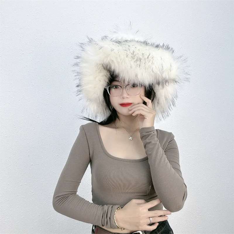 Winter Warm Plush Bucket Hat Women Oversize Earflaps Fluffy Faux Fur Hats Fashion Furry Raccoon Fur Cotton Hat Solid Color Hats