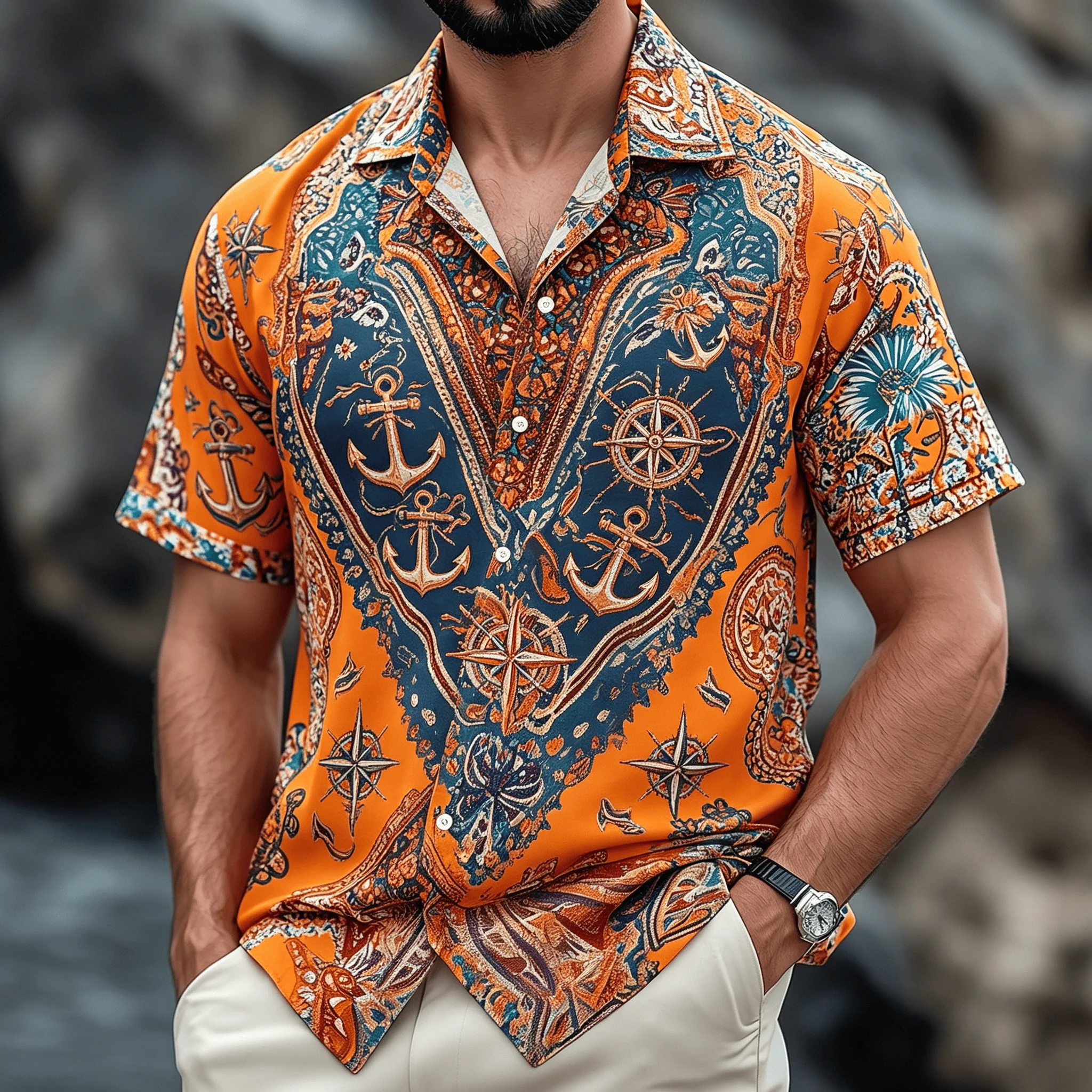 2026 American Retro Contrasting Large Cashew Flower Print Men's Shirt Cardigan Beach Travel Casual Top