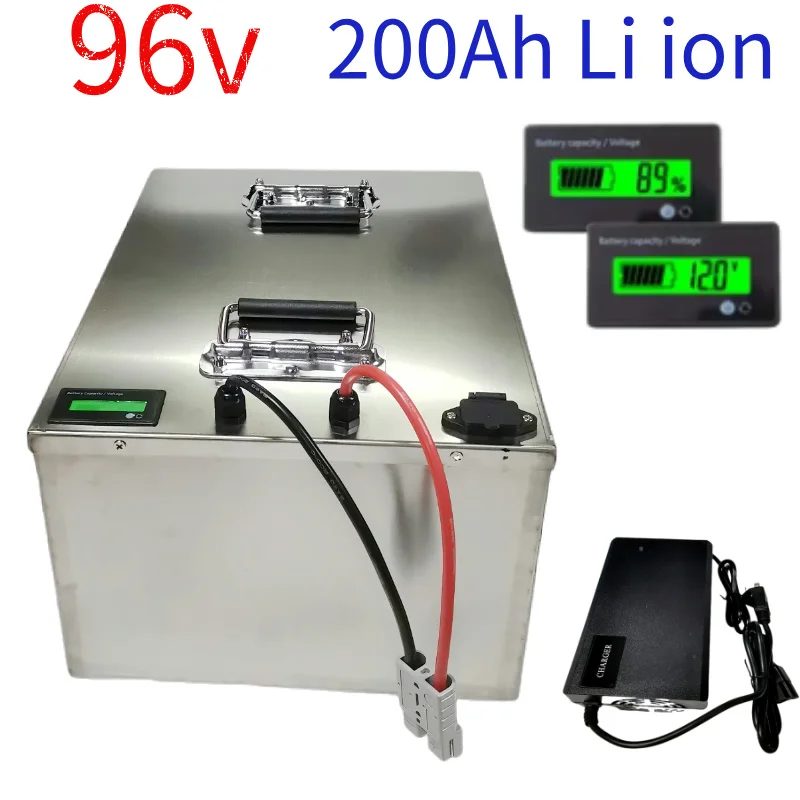 96V 200Ah Lithium Ion Rechargeable Battery 100A 200A 300A BMS 25000W 10A Charger for RV AGV Forklift Boat Inverter Marine Indust