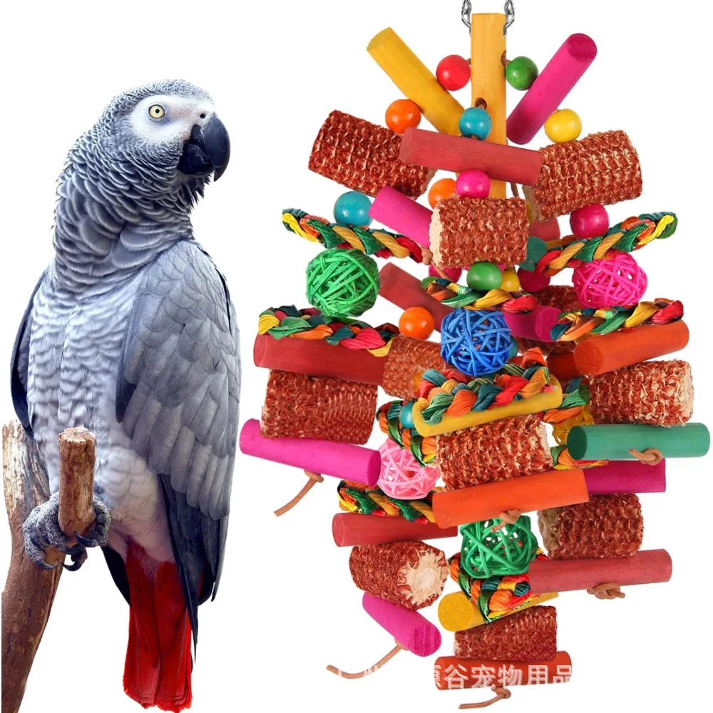 

Large Parrot Toy Black Phoenix Toy Tear and Relieve Boredom Colored Wooden Blocks Corn Skins Corn Cobs Vine Balls Pet Toys