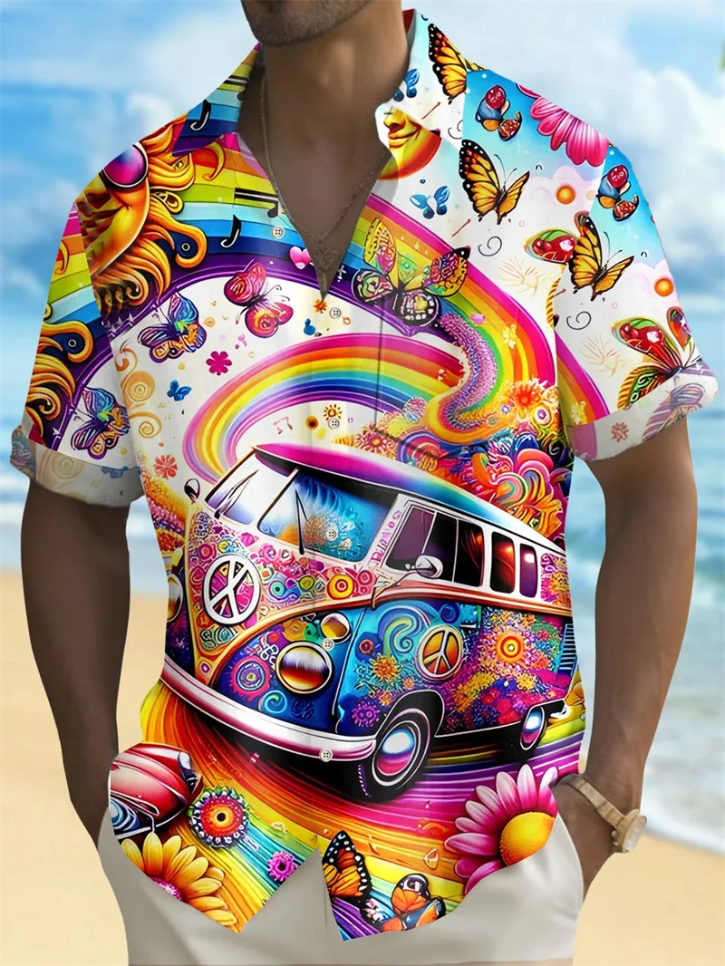 

Leisure, fashion, daily outdoor street, Hawaiian men's top, short sleeved shirt, high-end print, 2024 plus size rainbow car