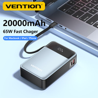 Vention Power Bank 20000mAh 65W PD Fast Charger with Built-in Type-C Cable External Spare Battery Portable Power Bank for Laptop