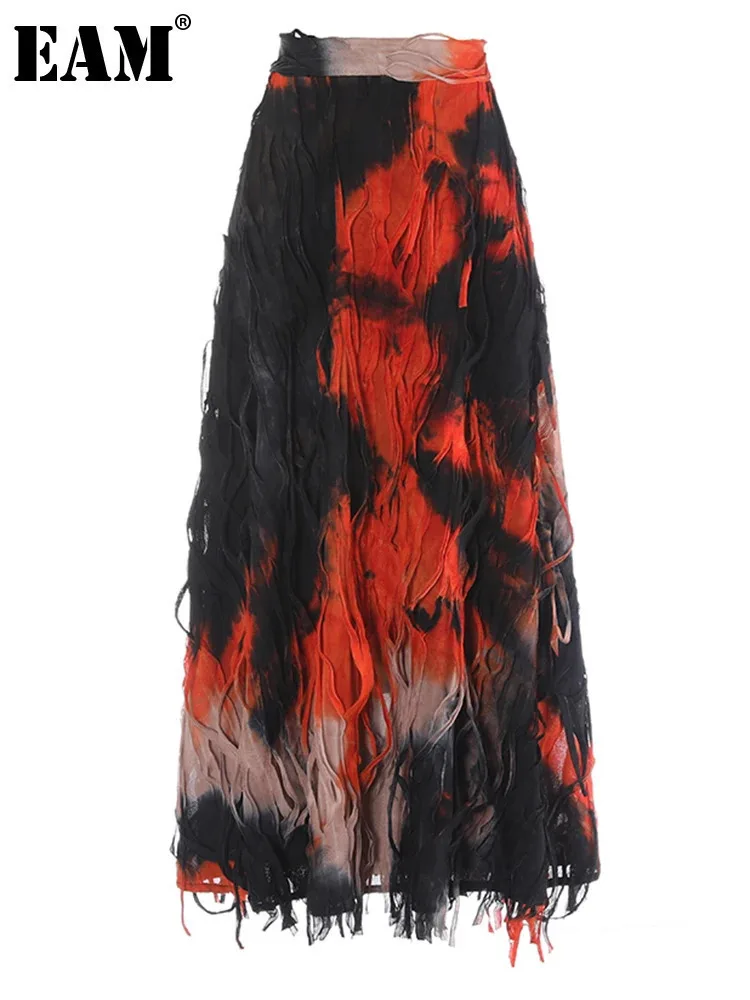 

[EAM] High Elastic Waist Orange Tie Dye Irregular A-line Half-body Skirt Women Fashion Tide New Spring Autumn 2024 1DH5392