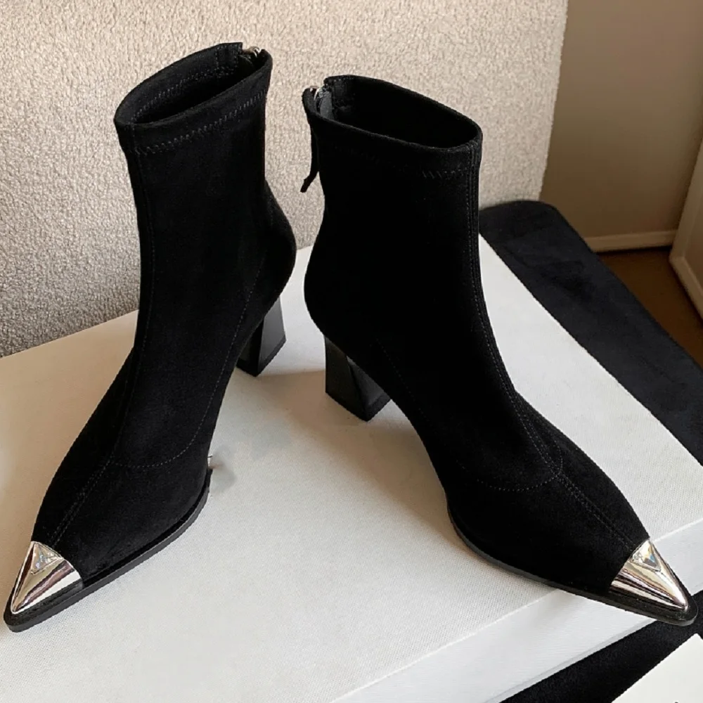 【JOCHEBED HU】أحذية نسائية قصيرة برأس معدني من الصوف بكعب عالٍ مرن للتخسيس حذاء من الجلد للخريف نمط جديد حذاء كاجوال 33-40 #6