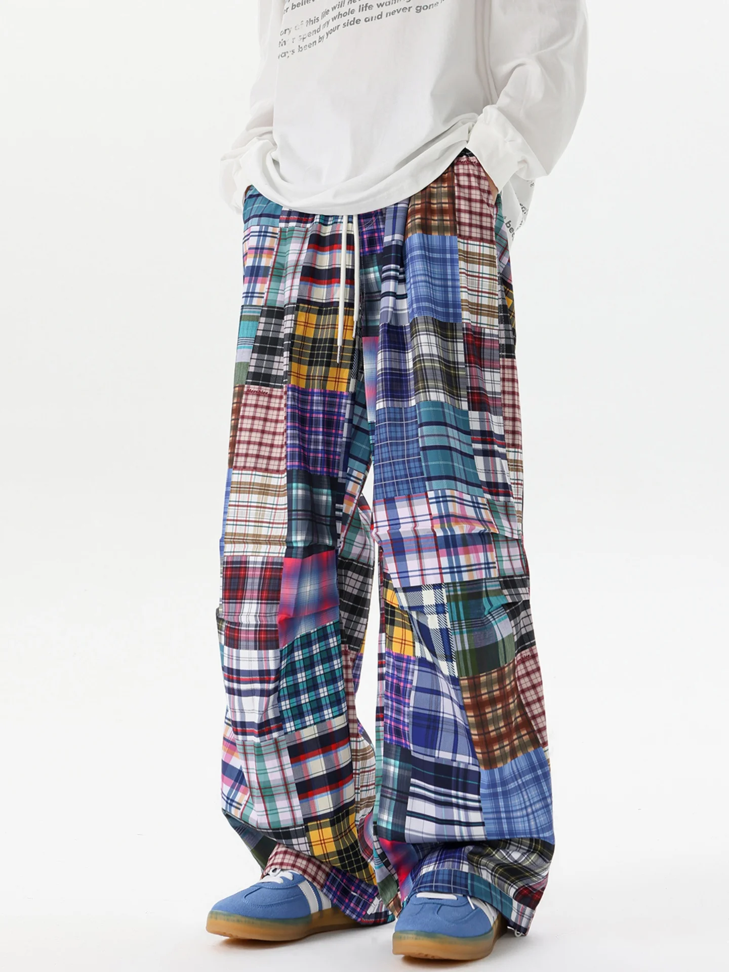 

Cleanfit Men's Casual Pants Spring New American Retro Patchwork Plaid Wide Leg Knife Trousers Loose Fit Comfortable