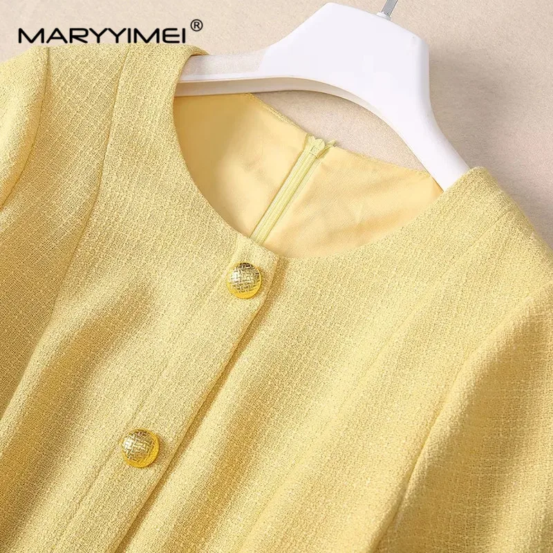 MARYYIMEI Spring Summer Women\'s Dress Short Sleeved Single-Breasted High Waiste Lace-Up Commuter Solid Color Dresses