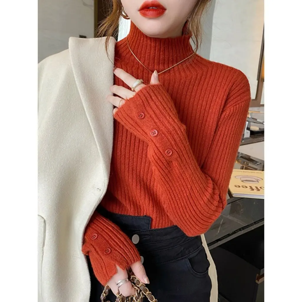 

Women's Pink Sweater Slim Fit Thickened Warm Half-Turtleneck Knitted Top Spring Autumn Inner Layer Base Shirt
