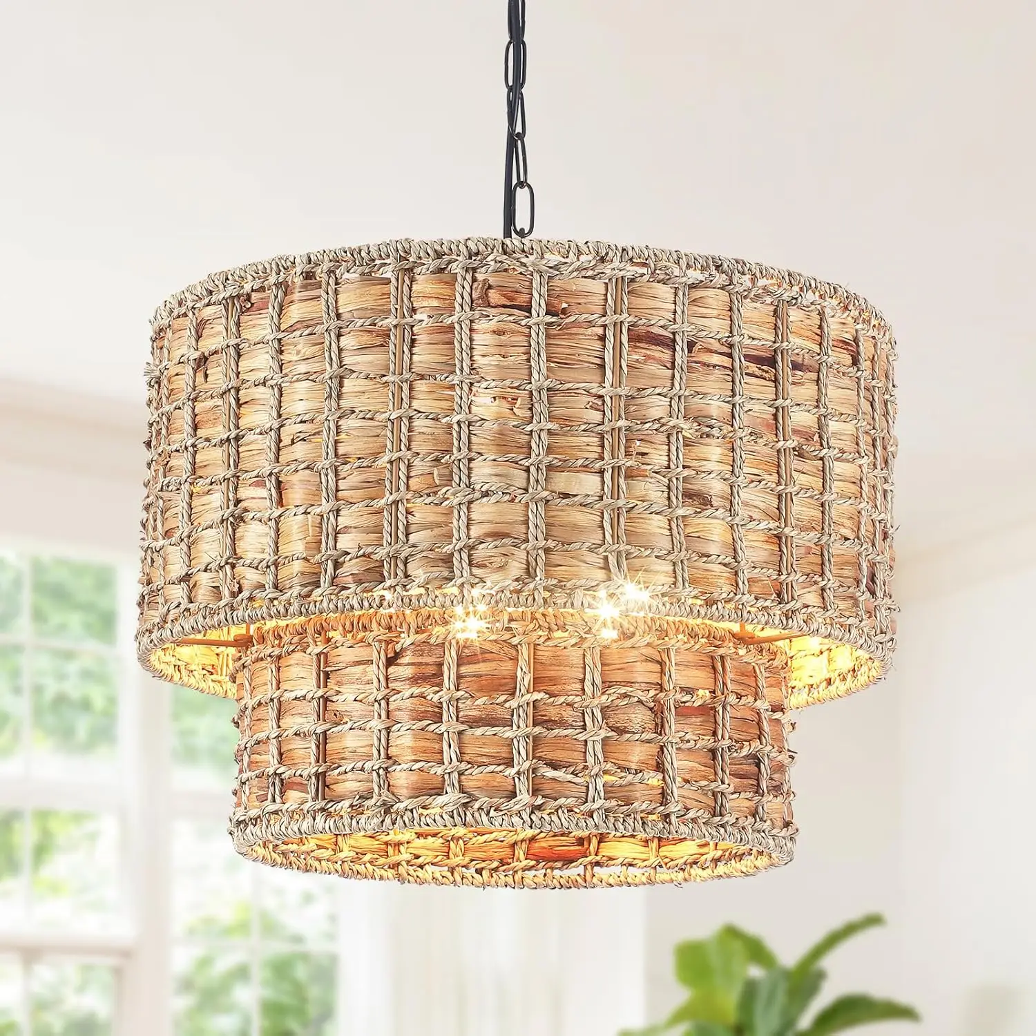 Generies-Lustre Boho Rattan com Abajur Jacinto de Água, Grande Luz Pingente de Quinta, Generies 2 Tiers, 5 Luzes, 18,9"