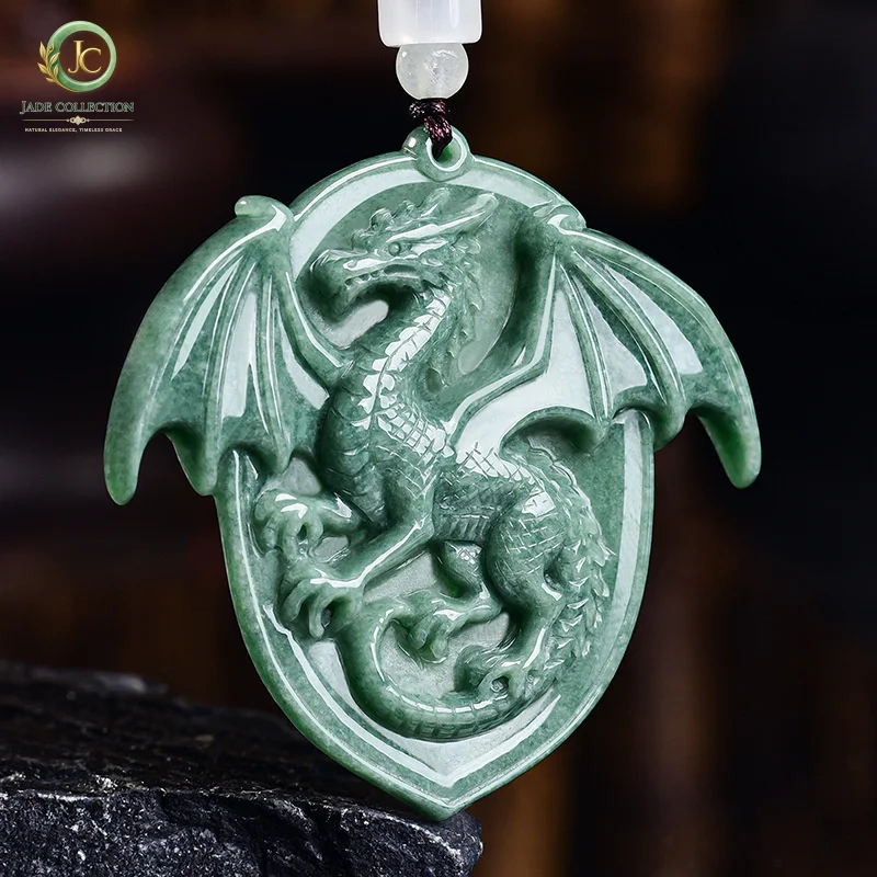 NaturalaJadeite bean green three-dimensional pterosaur protective pendant, bean seed jadeite, unique and domineering men's acces