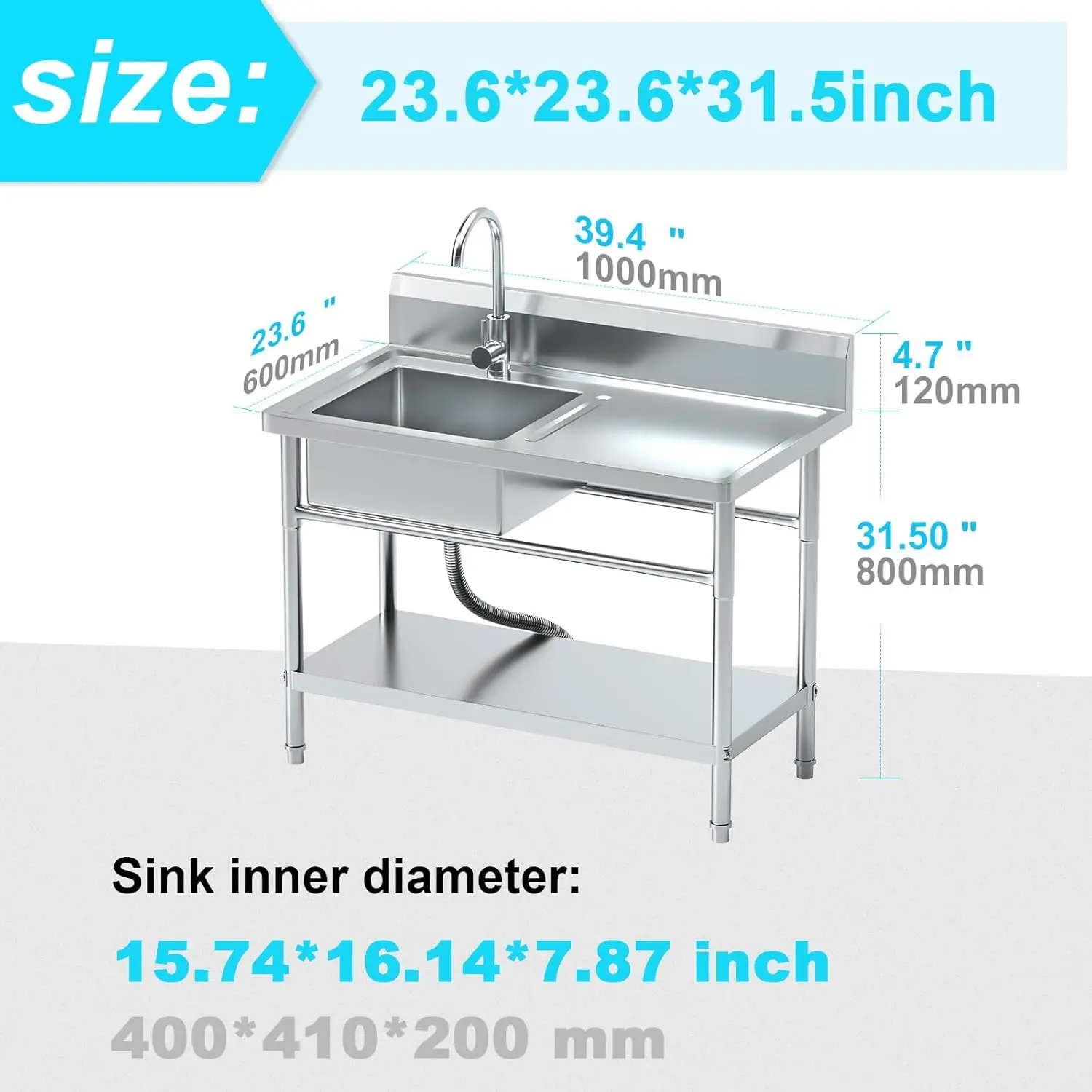 Utility Sink Freestanding Single Bowl Laundry Sink with Hot and Cold Water Plumbing Workbench & Storage Stainless Steel Sink