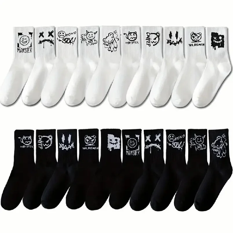 5/10 Pairs Men Women Graffiti Printed socks Street Style Soft Comfortable Sweat Absorbing Breathable Couple Sports Leisure Socks