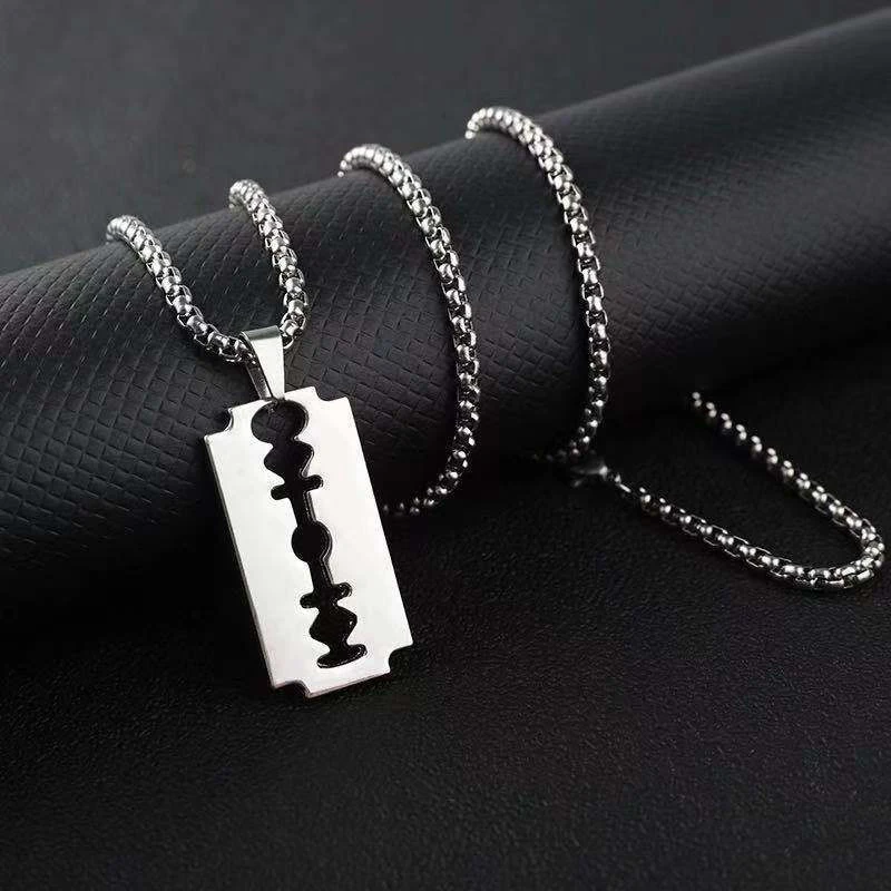 Fashion Silver Color Stainless Steel Razor Blades Pendant Necklaces Men Jewelry Male Shaver Shape Sweater Necklace Gifts