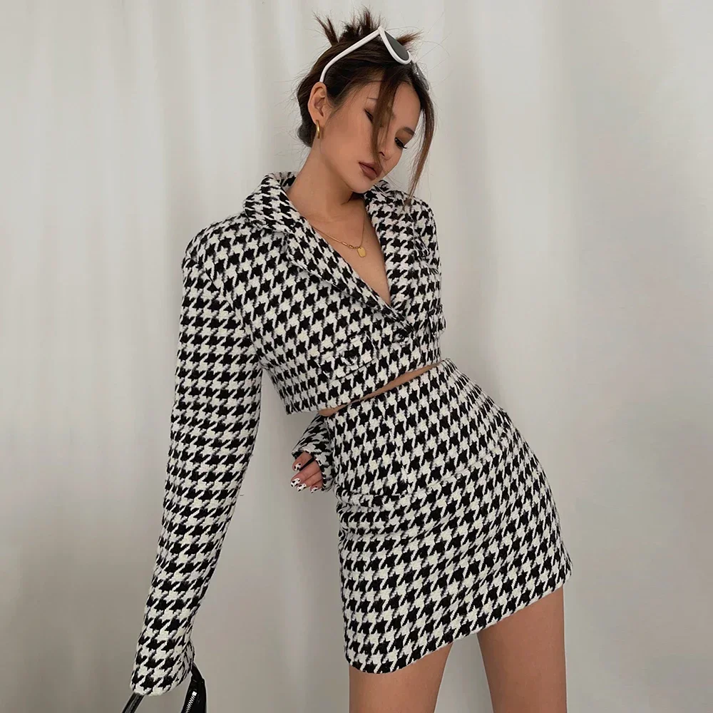 Two Pieces Set 2 Piece, Fall Warm Houndstooth Plaid Blazer Jacket Crop Top Short Outfits Mini Skirt, Women Clothing y2k cropped