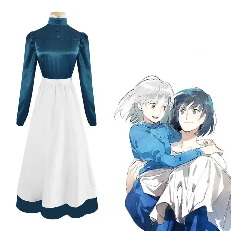 Anime Sophie Howl Howl's Moving Castle Cosplay Costume Blue Stand Collar Dress White Apron Woman Adult Halloween Carnival Suit